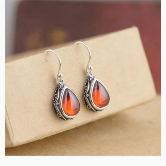 - Jewelry - Red & Silver Filigree Teardrop Fish Hook Earrings